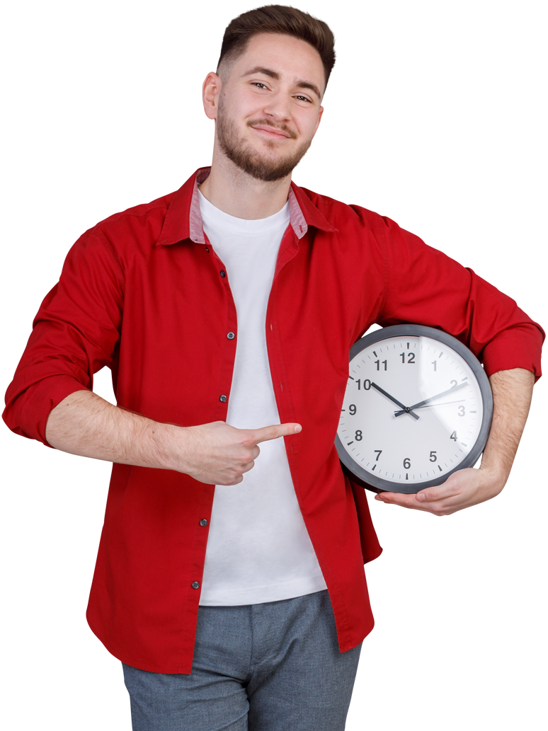 Mann mit überdimensionaler Uhr