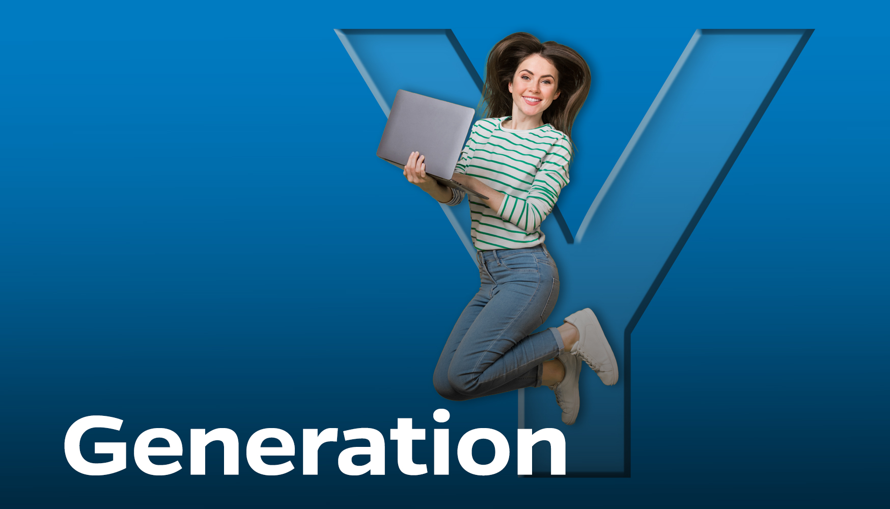 Generation Y - Jeune femme qui saute avec un ordinateur portable à la main devant un grand Y