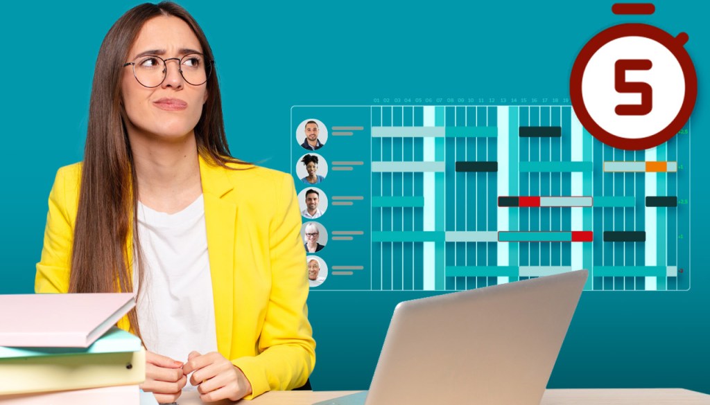 Une femme pensive en veste jaune est assise devant un PC portable avec une pile de livres. Sur le fond bleu flotte un planning du personnel numérique et un grand chronomètre rouge avec le chiffre 5, indiquant la pression du temps lors de la planification.
