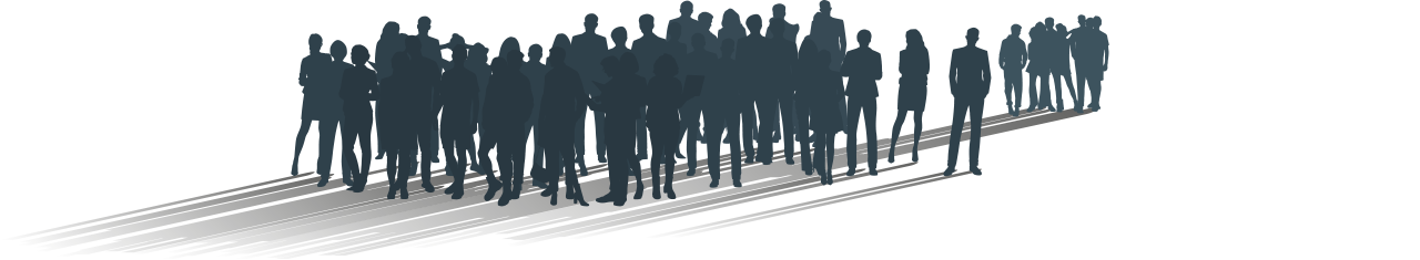 Silhouetten van een grote groep mensen die samen op perspectieflijnen staan.