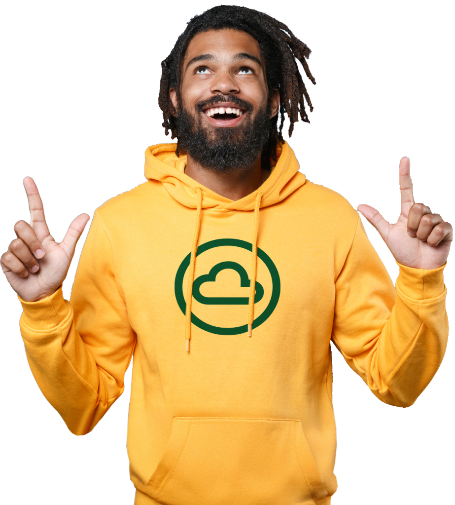 plano Cloud Services, men looking up in the air while wearing a hoddy with a cloud icon printed on it