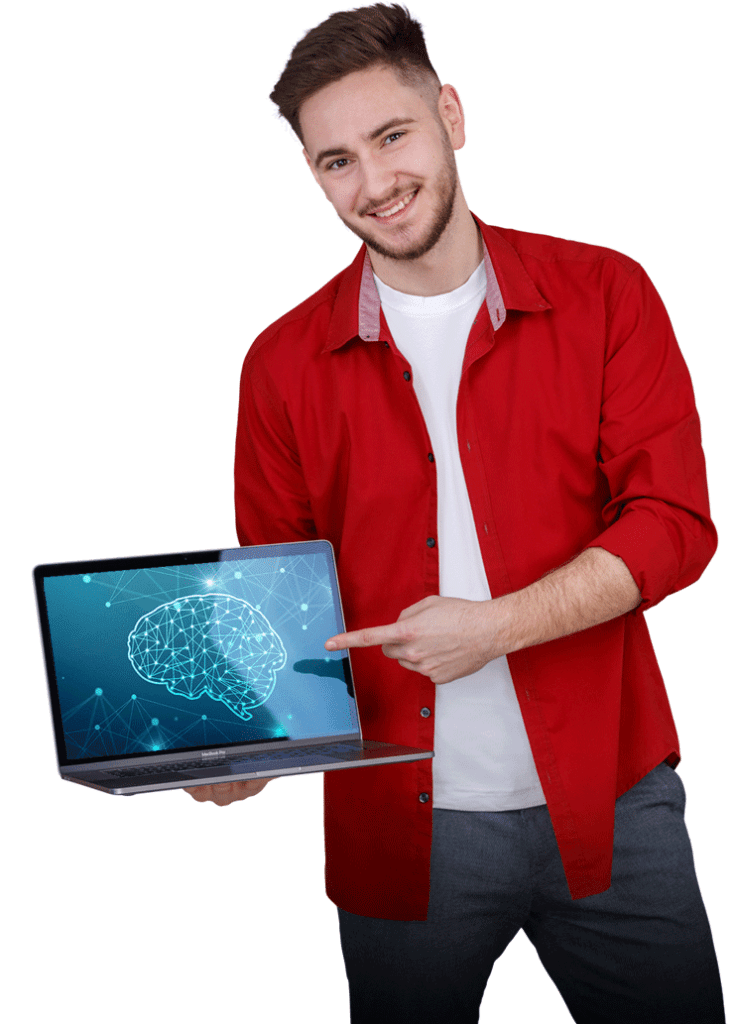 Mann mit Laptop verweist auf KI in der plano Dienstplanoptimierung (symbolische Darstellung)