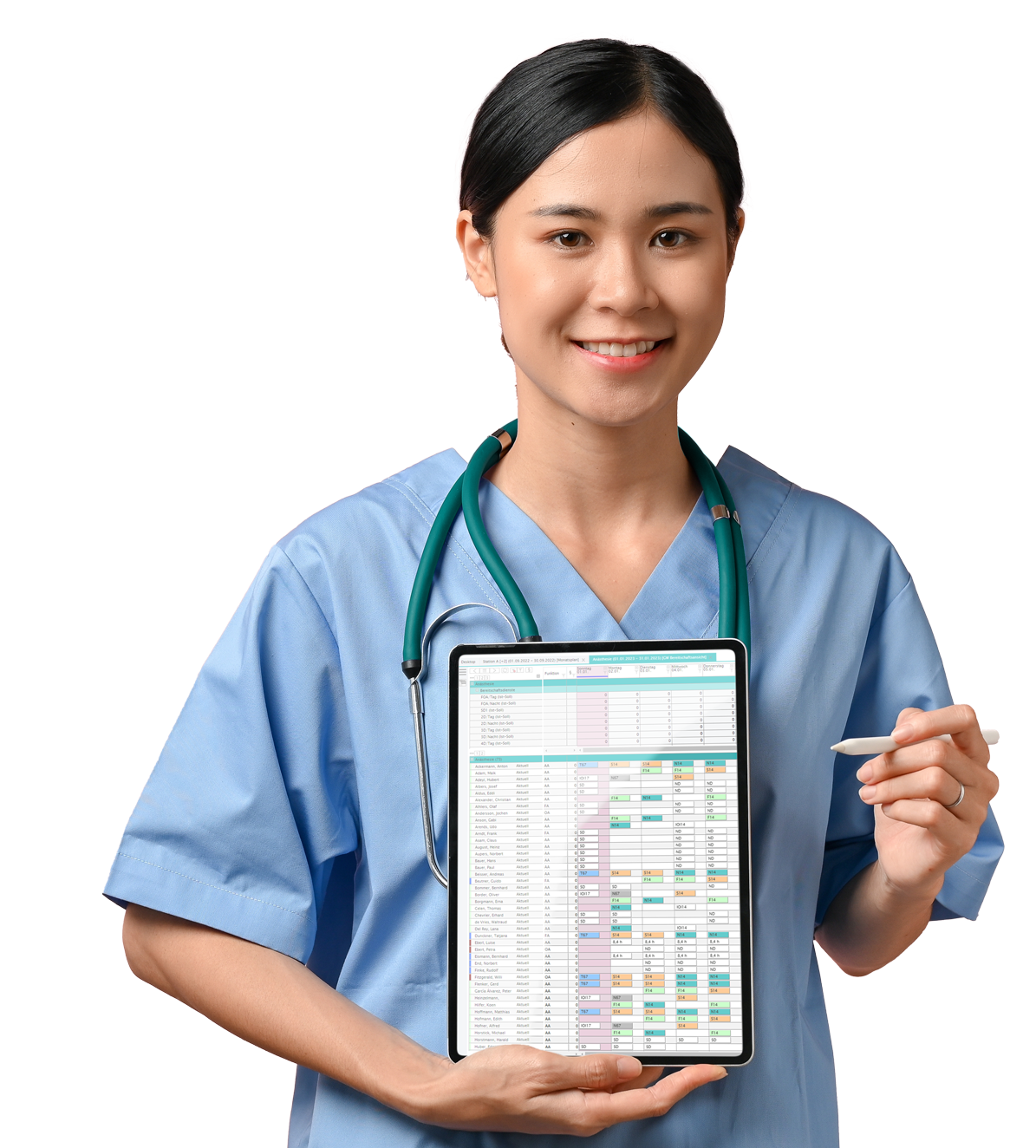 Krankenschwester mit iPad und geöffneter Dienstplanung im plano Roster