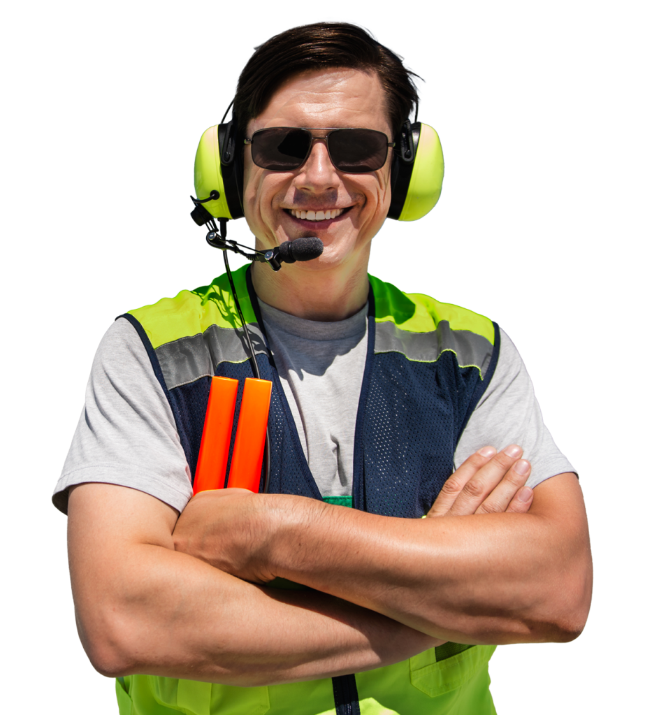 Marshaller mit vor sich verschränkten Armen präsentiert plano Aviation