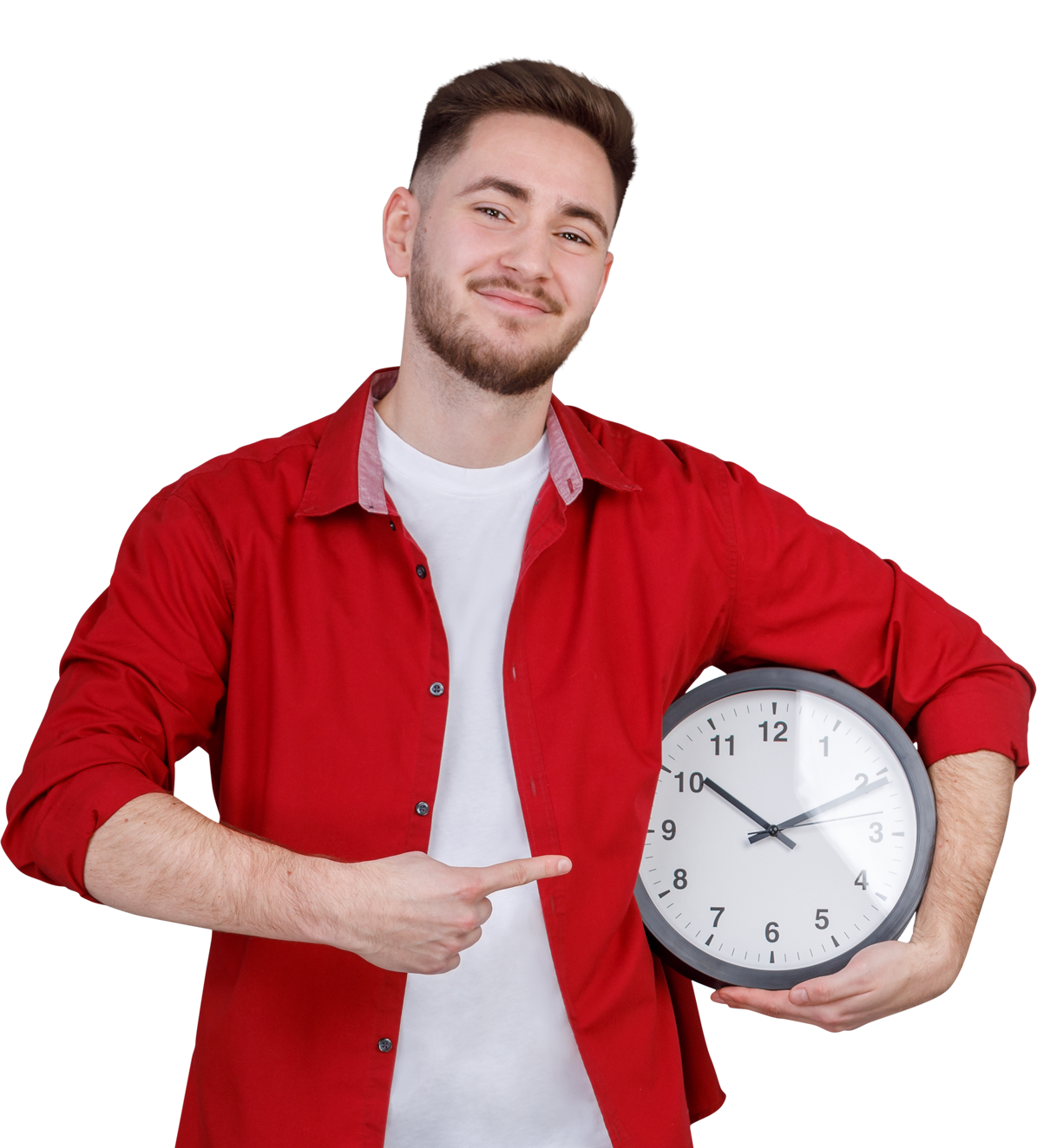 Mann präsentiert Uhr als Symbol für Zeitwirtschaft