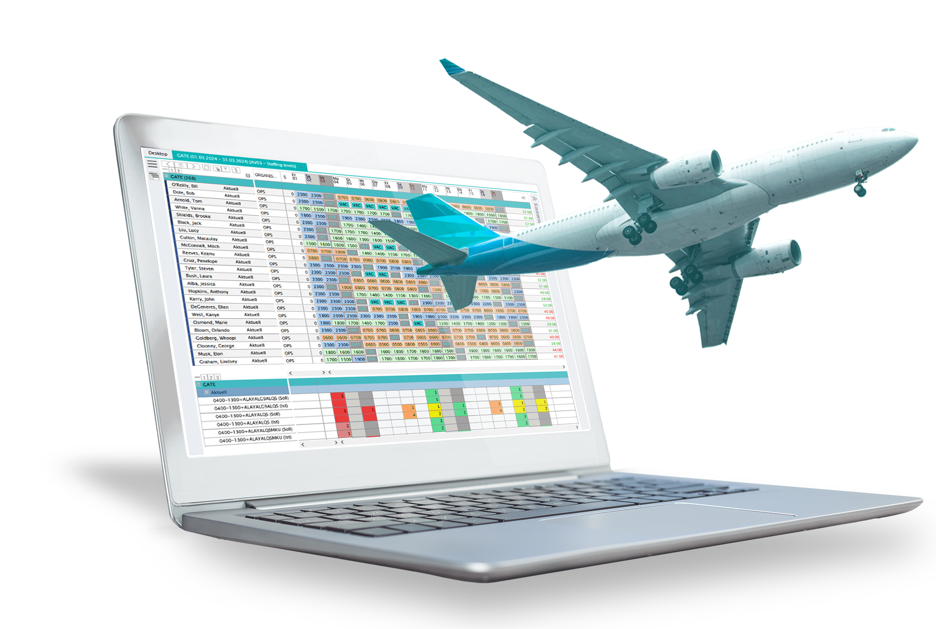 Laptop mit plano Roster Aviation und Flugzeug