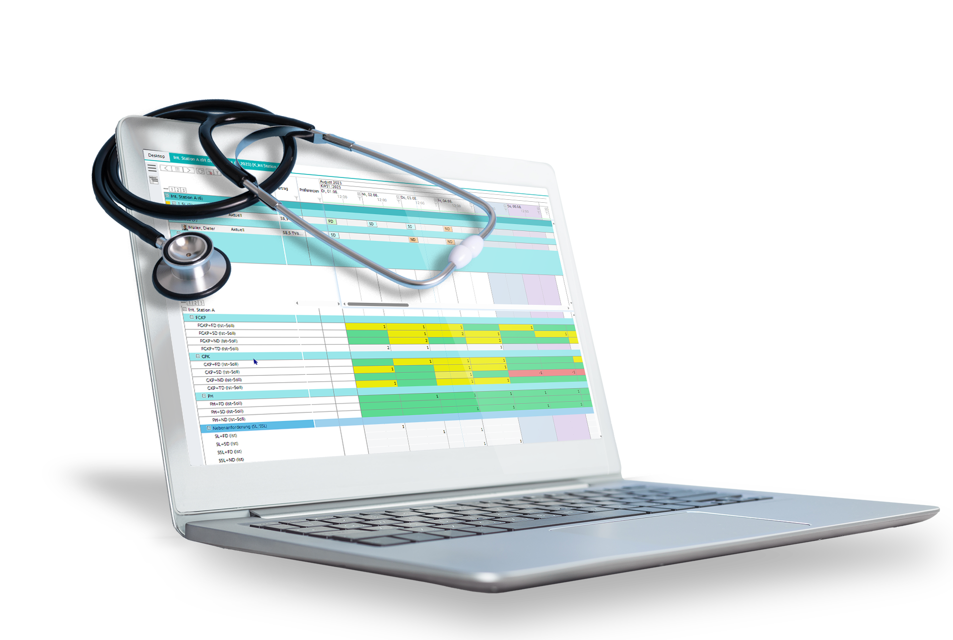 Laptop mit plano Roster Healthcare