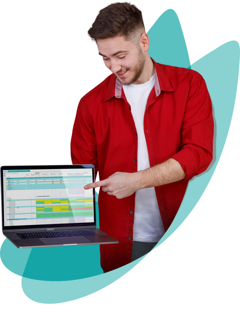 Mann mit rotem Hemd präsentiert auf einem Laptopbildschirm den plano Roster