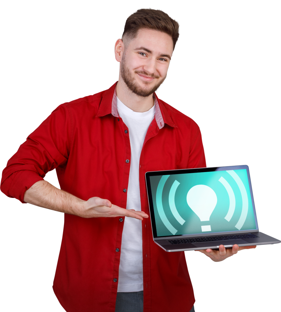 Wissen - Mann zeigt Laptop mit Bulk-Icon