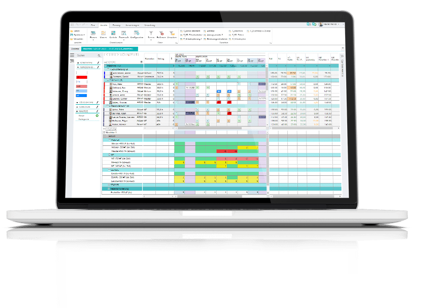Aufgeklappter Laptop zeigt die Personaleinsatzplanung in der Produktion mit plano Roster
