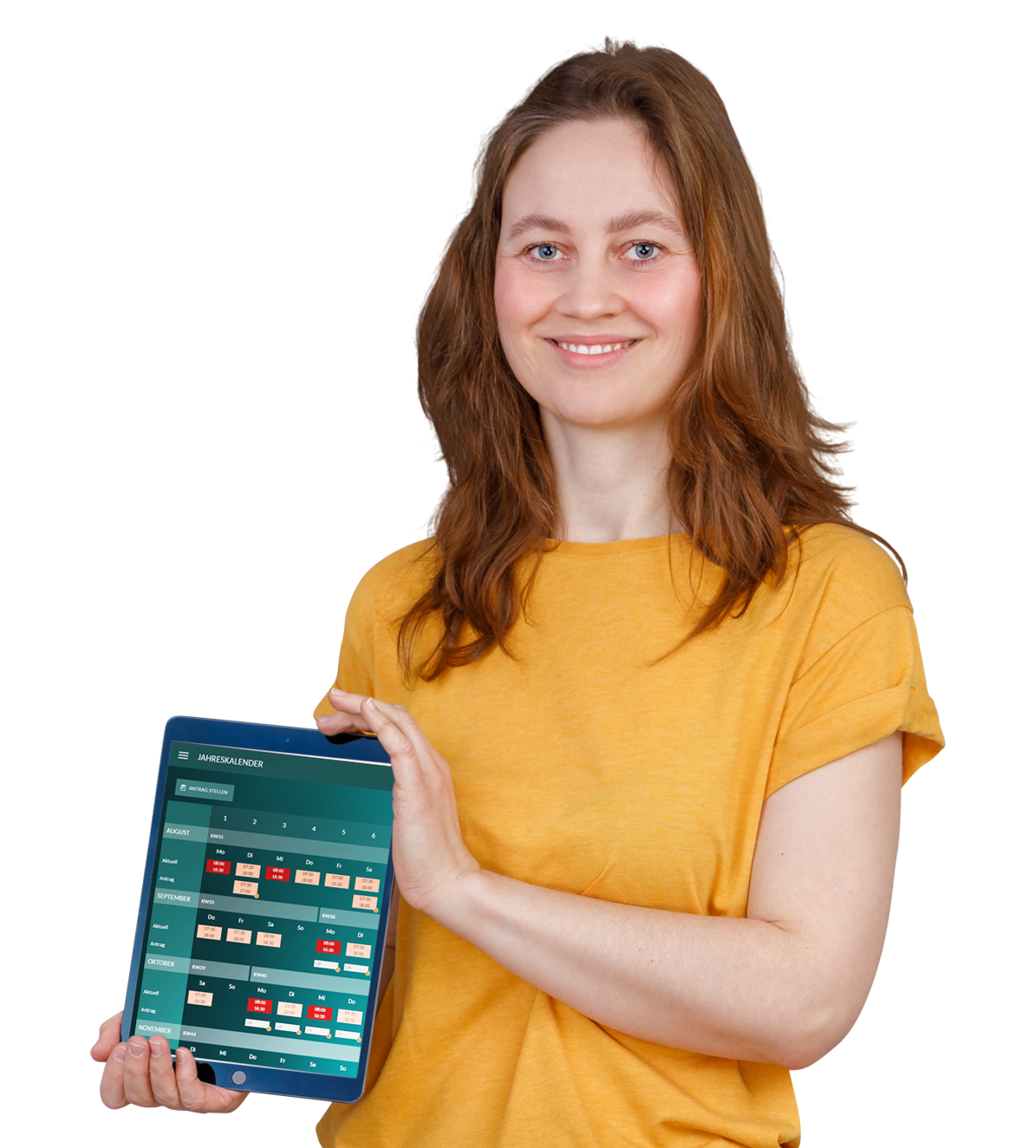 Frau mit iPad auf der myplano Empoyee Self Service läuft