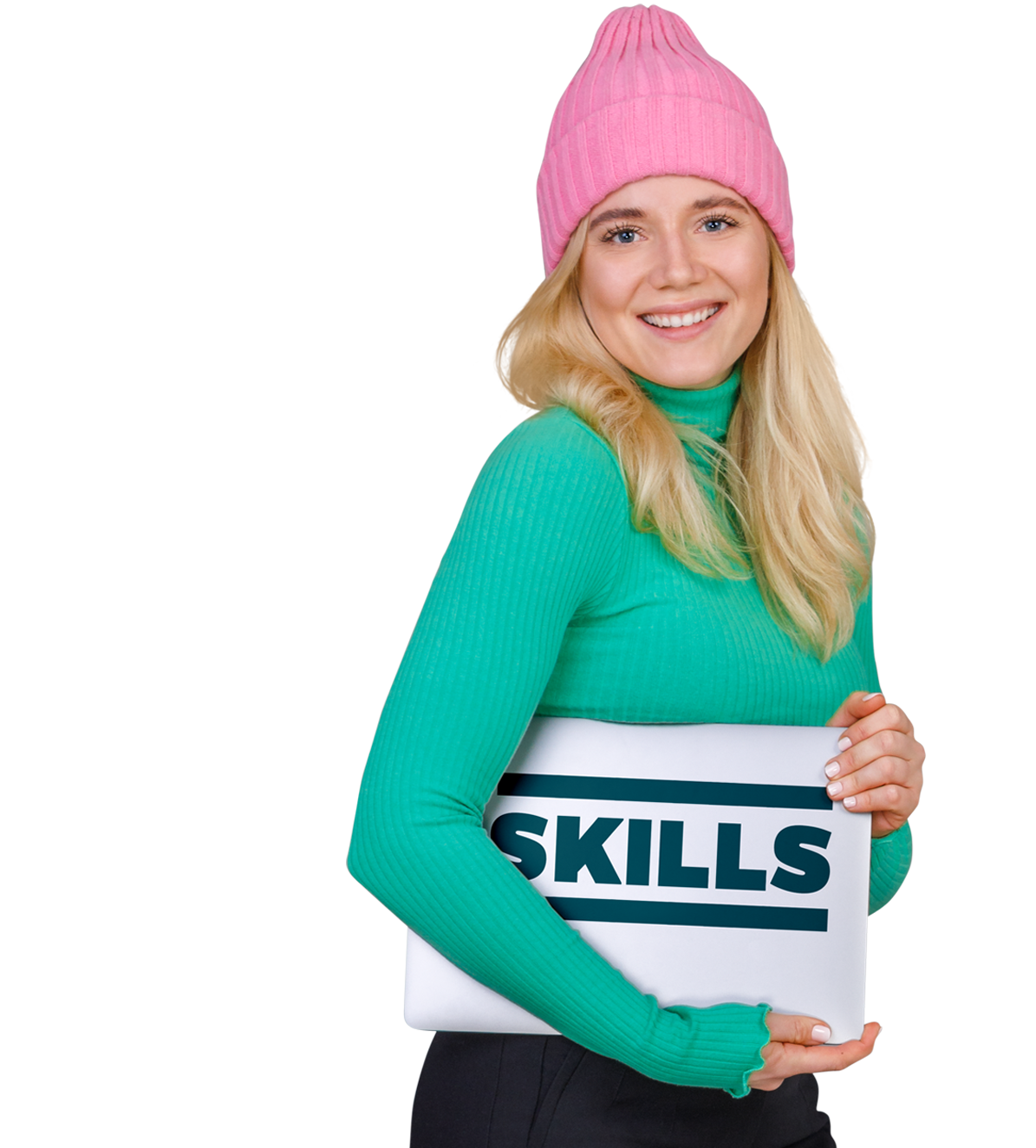 Lächelnde Frau mit Laptop unter dem Arm auf dem Skills steht