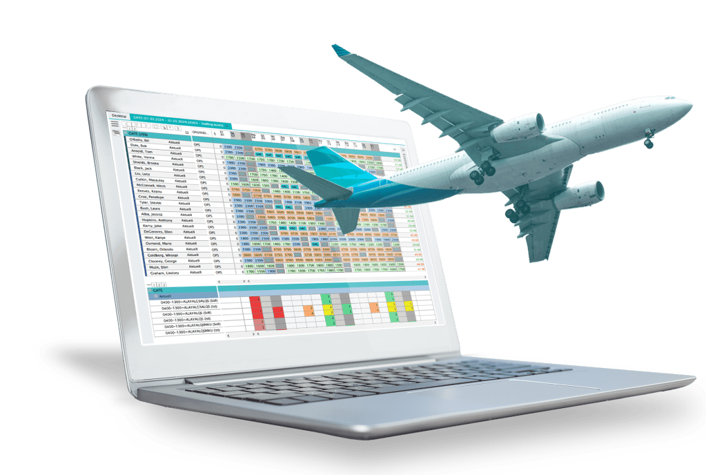 Laptop mit plano Roster Aviation und Flugzeug