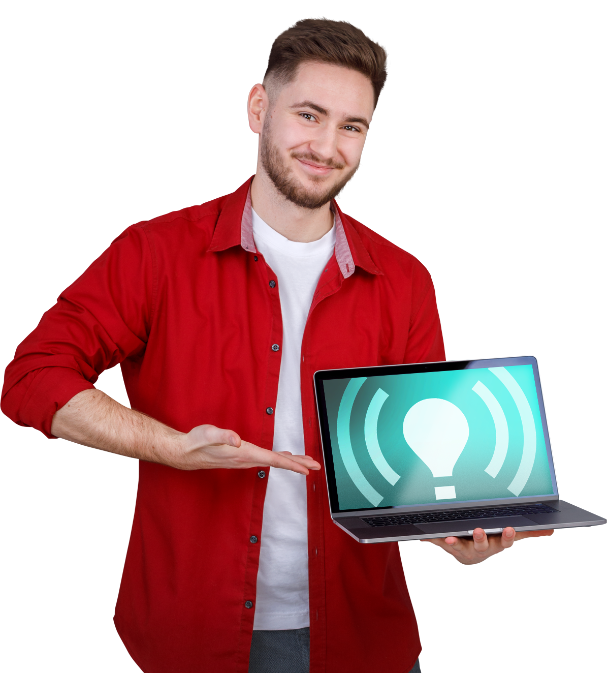 Mann zeigt Laptop mit Bulk-Icon