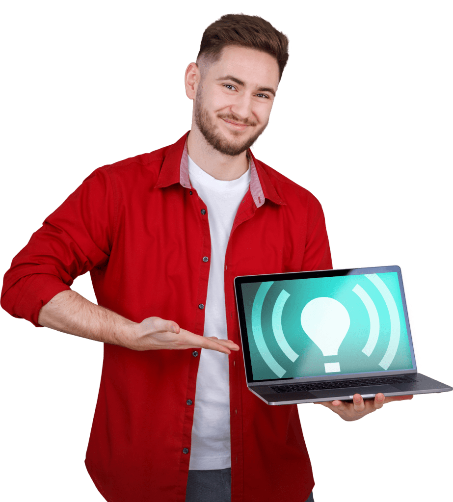 Mann zeigt Laptop mit Bulk-Icon