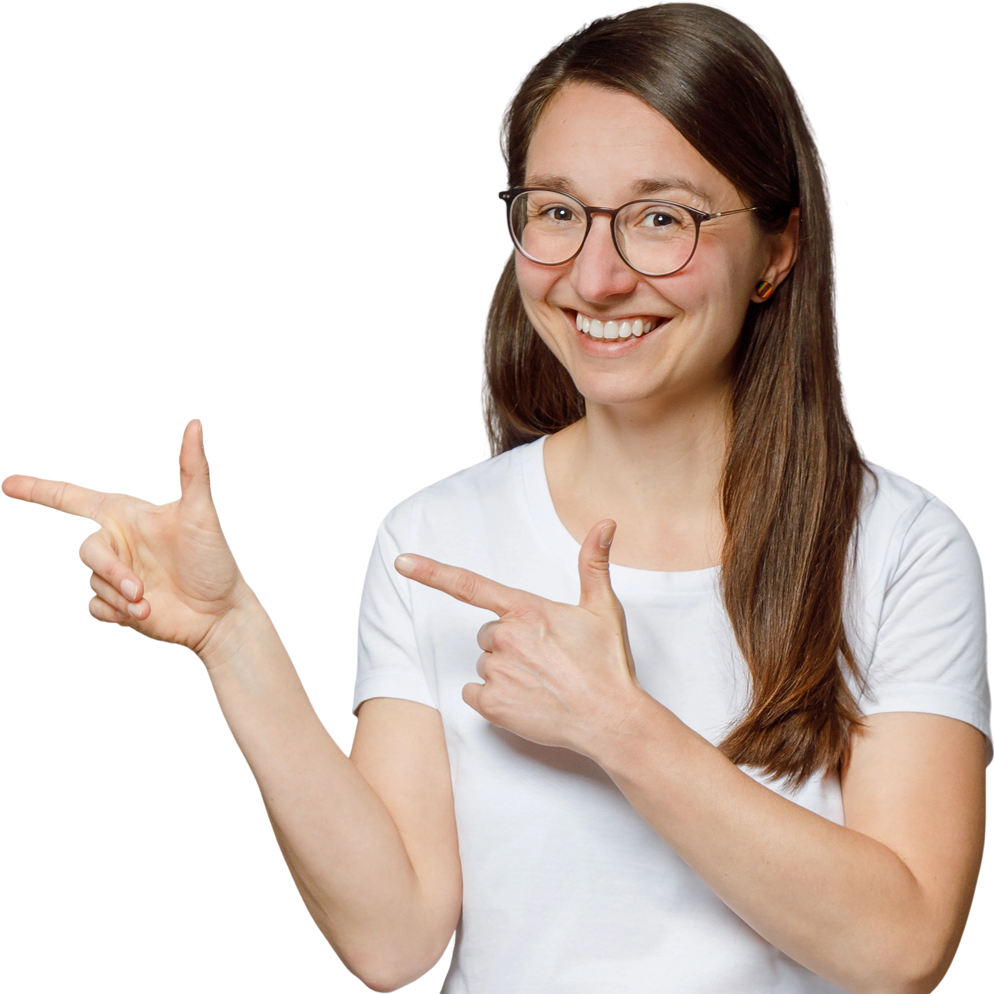 Smiling woman pointing left