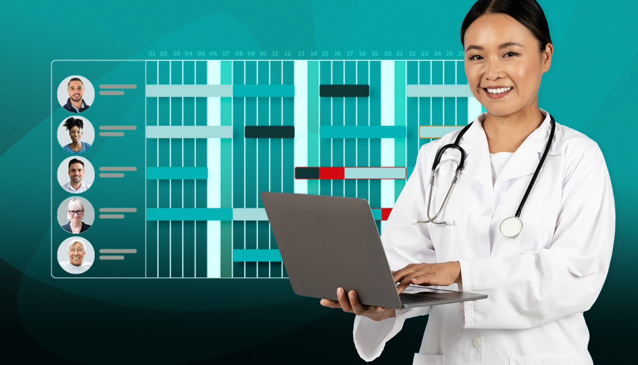 A doctor holds a laptop in the background; there is a staff schedule view for 5 employees, symbolizing plano’s shift schedule optimization.