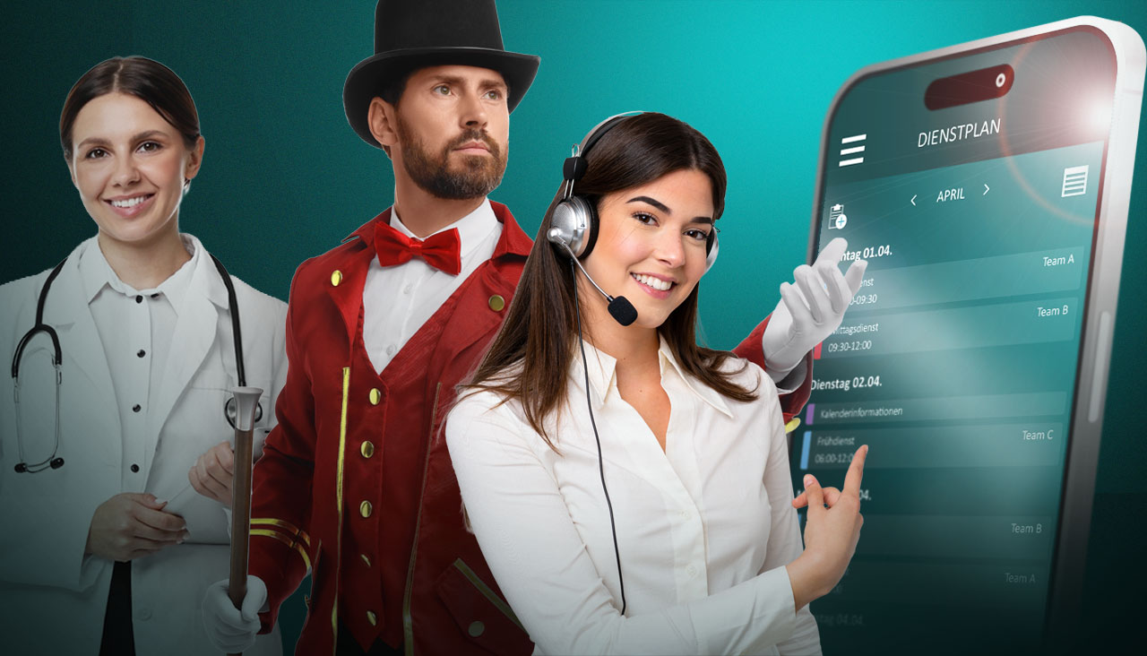 A doctor, a theater employee, and a contact center staff member are standing side by side, with two of them pointing at an oversized smartphone display showing a myplano shift schedule. Symbolic image for plano shift scheduling.