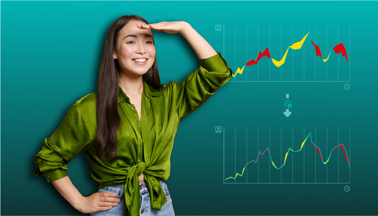 Vrouw met lang haar en een groene blouse staat voor twee diagrammen met gekleurde lijnen en houdt met één hand de uitkijk, symbolische afbeelding voor de plano Forecast.