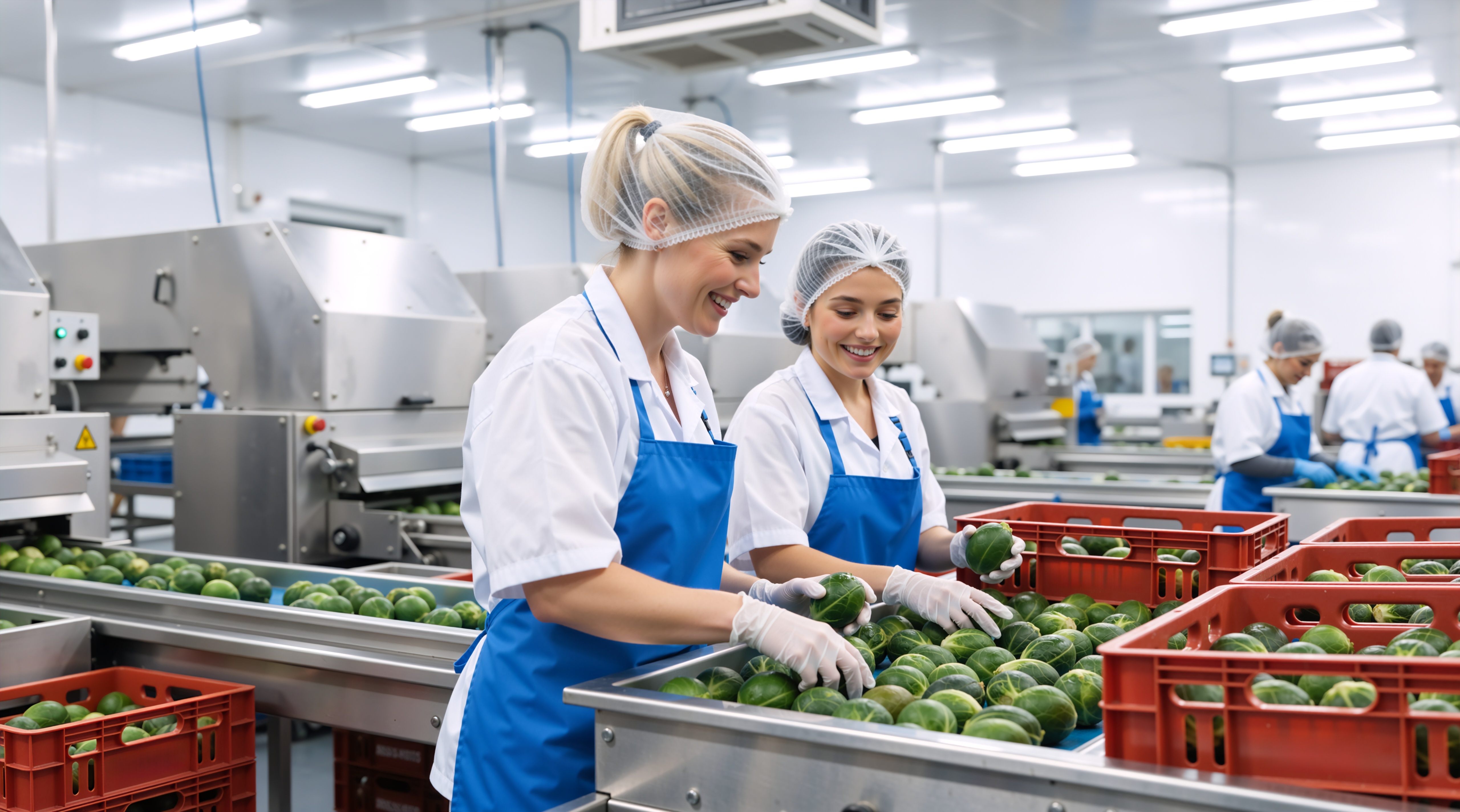 Two female factory workers, wearing white coats, blue aprons, hairnets, and gloves, are smiling while sorting round green produce on a stainless steel conveyor belt. They are placing the items into red plastic crates within a clean, brightly lit industrial food processing facility. The scene highlights hygiene, quality control, and efficient teamwork in a large-scale manufacturing environment.
