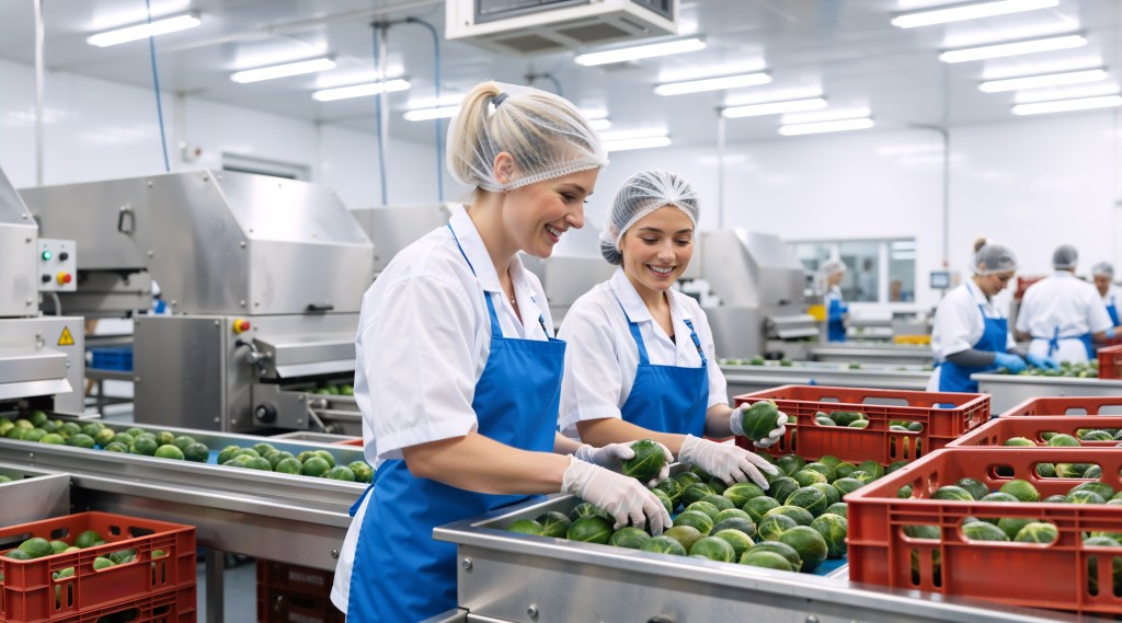 Two female factory workers, wearing white coats, blue aprons, hairnets, and gloves, are smiling while sorting round green produce on a stainless steel conveyor belt. They are placing the items into red plastic crates within a clean, brightly lit industrial food processing facility. The scene highlights hygiene, quality control, and efficient teamwork in a large-scale manufacturing environment.