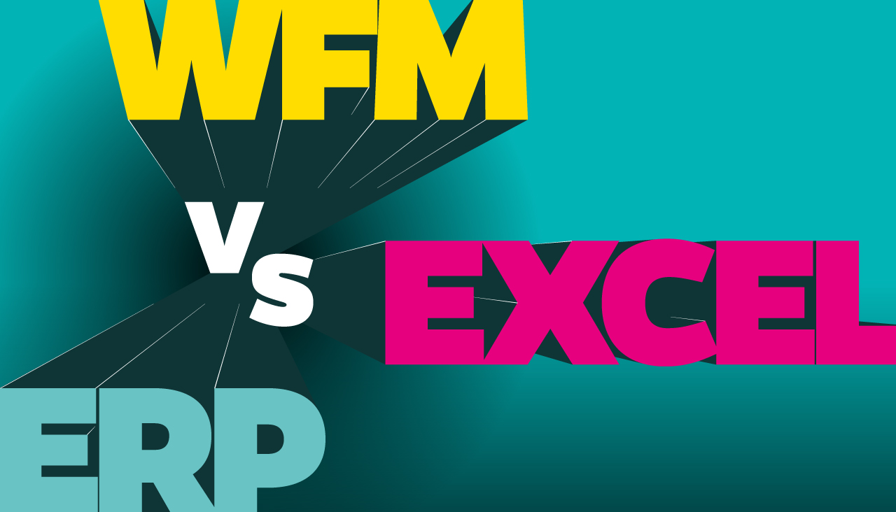 Grote gele, roze en blauwe letters die elk de woorden 'WFM', 'EXCEL' en 'ERP' tonen op een turkoois gekleurde achtergrond. In het midden van de kleurrijke woorden staat het woord 'vs' in witte letters.
