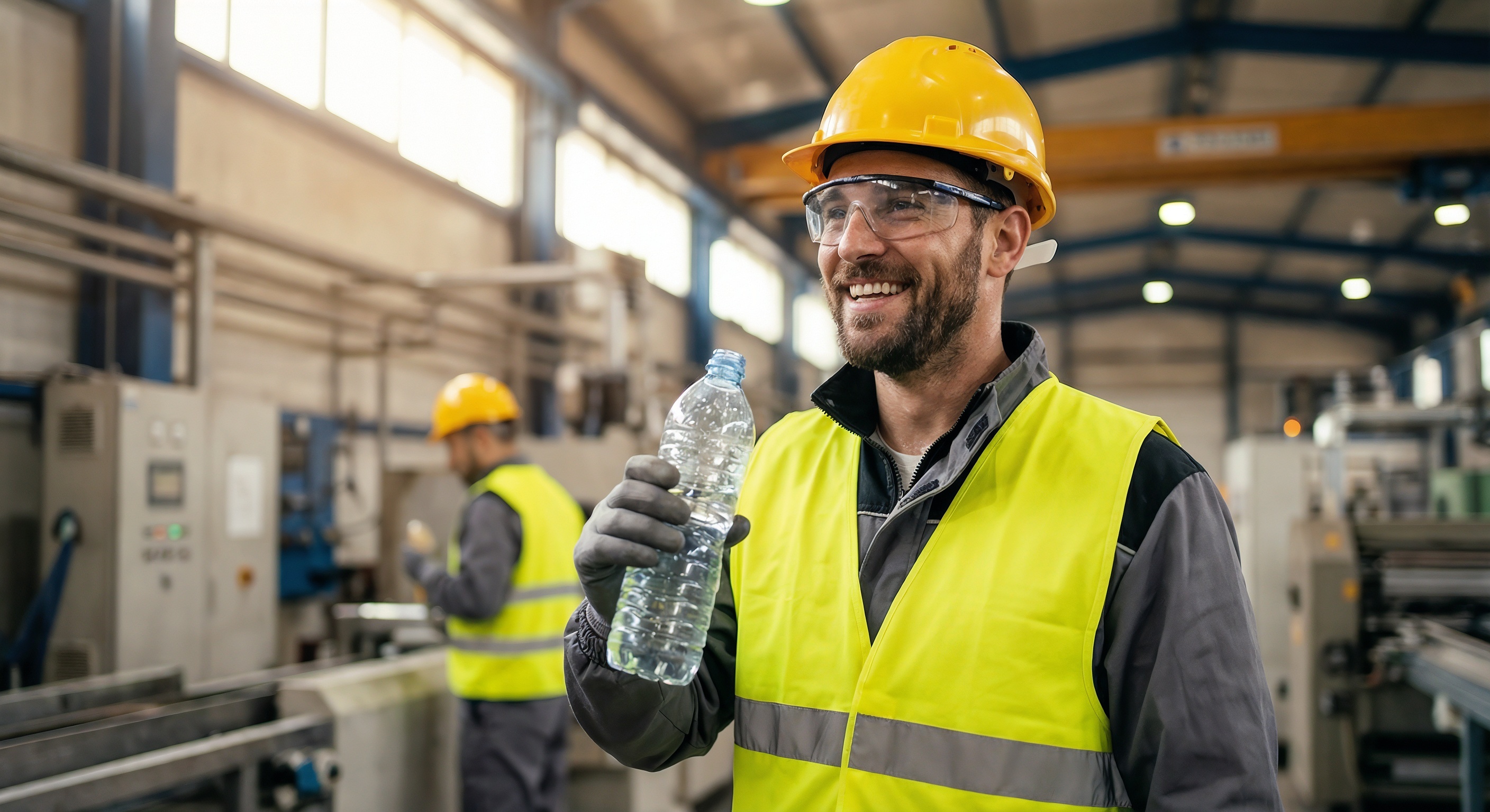 Workers in a factory wearing safety gear and taking a break with water bottles in hand during the day shift