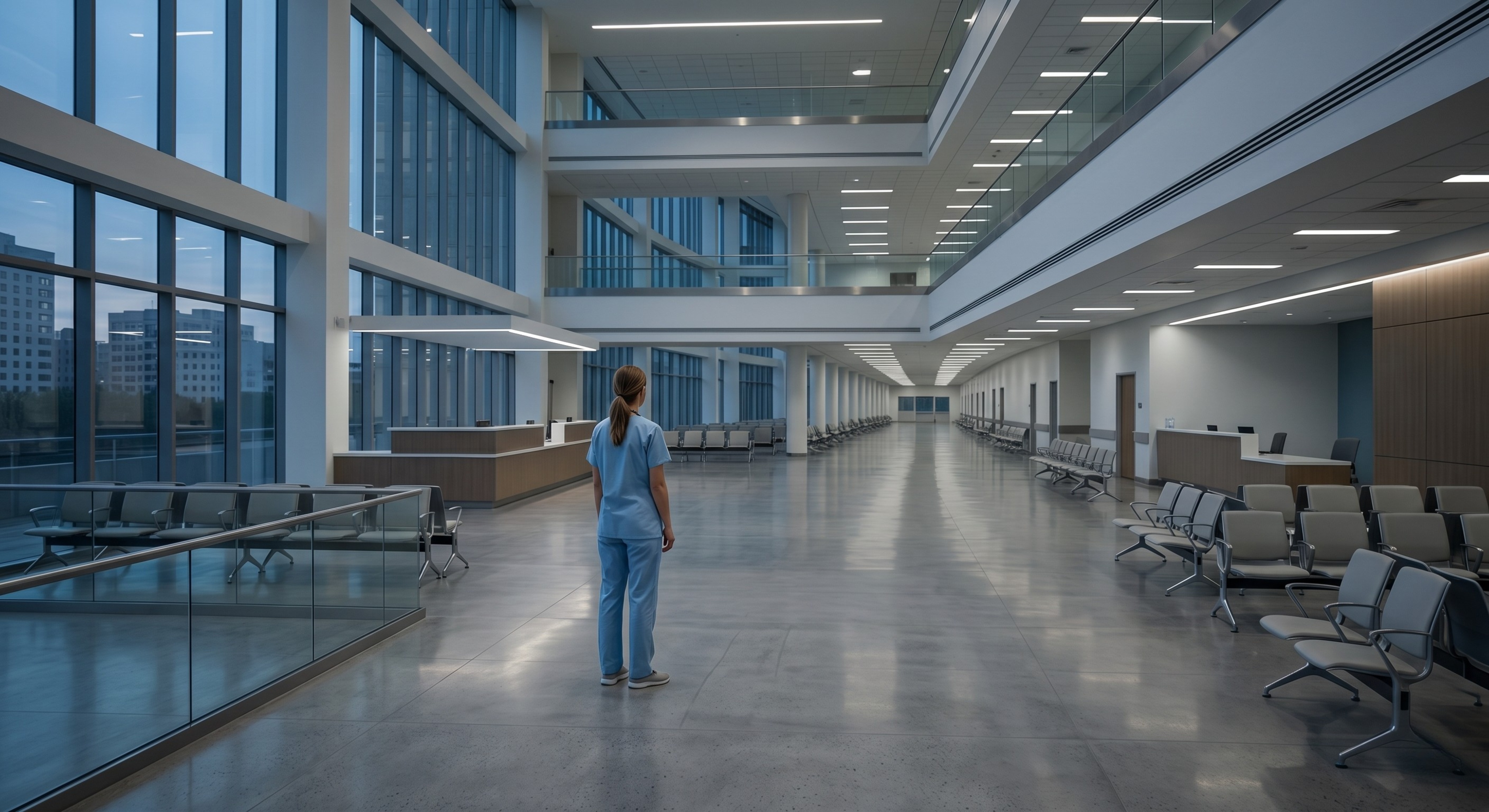 Single nurse in a wide empty hospital interior showing staff shortage