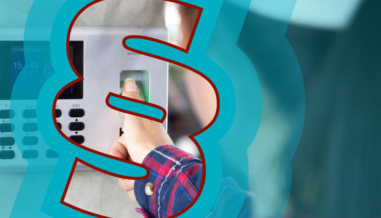 Een persoon gebruikt een vingerafdrukscanner op een toegangsterminal. Over de foto ligt een opvallende, abstracte grafische laag van golvende turquoise en donkerrode lijnen.